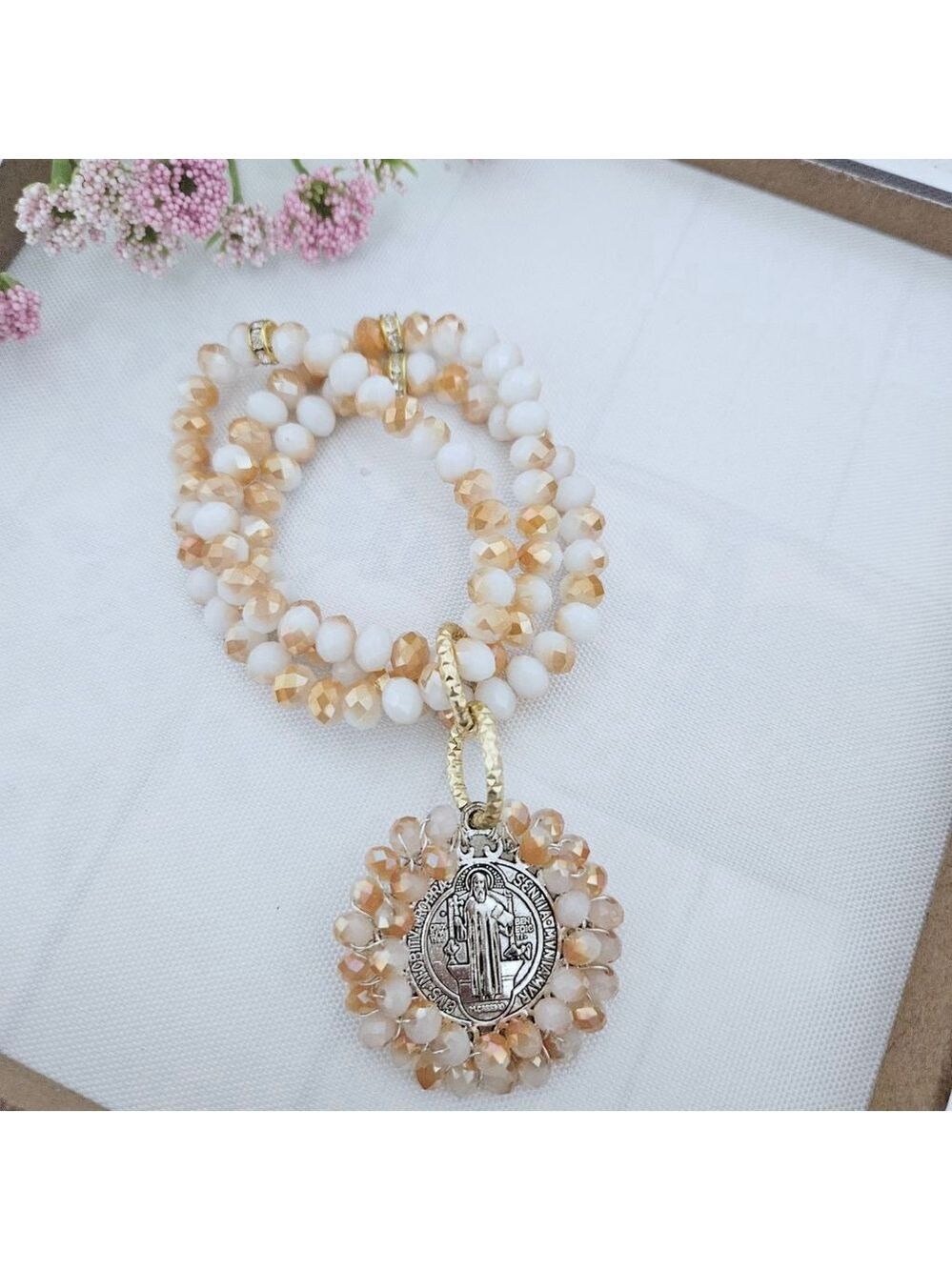 St. Benedict Opal White Champagne AB Glass Rondelle Faceted Bead Stretch Bracele